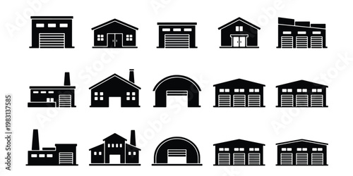 Industrial warehouse icons set, black factory building silhouettes, 15 storage facility and hangar vector elements for logistics and distribution maps