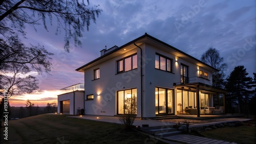 Modern two story house exterior with warm glowing windows at dusk under dramatic cloudy evening weather