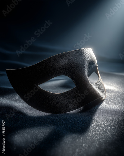 A sleek black Venetian mask with eye holes and a smooth texture rests on a reflective surface under a spotlight.