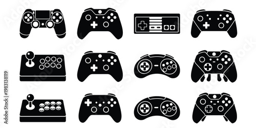 Video game controller icons set, black silhouette gaming gamepad collection, retro arcade joystick and console joypad vector illustrations
