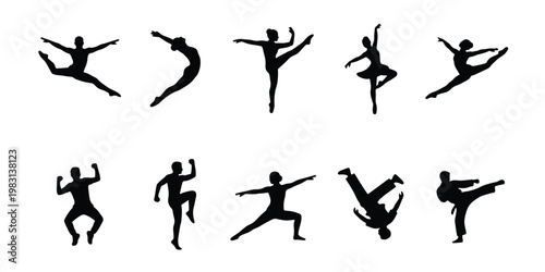 Dynamic dance silhouettes collection, set of 10 vector icons featuring ballet dancers and martial arts poses, black athletic figures in motion