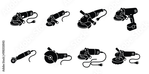 Industrial angle grinder icons set, black power tool silhouettes for construction and metalworking, 8 vector grinder equipment symbols