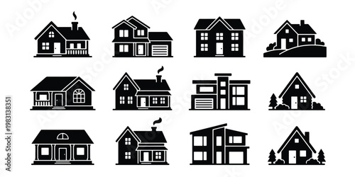 Residential house icons set, 12 black silhouette home vector elements, modern suburban real estate architecture, cottage and villa building symbols