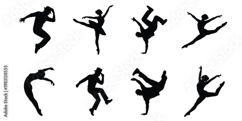 Dynamic dancer silhouettes collection, 8 vector elements of ballet and breakdance performers, athletic people dancing in various poses