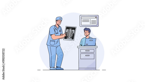 Doctor showing chest x-ray to colleague at desk with laptop in clinic