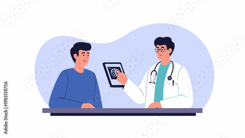 Doctor showing X-ray scan on tablet to patient in clinic consultation