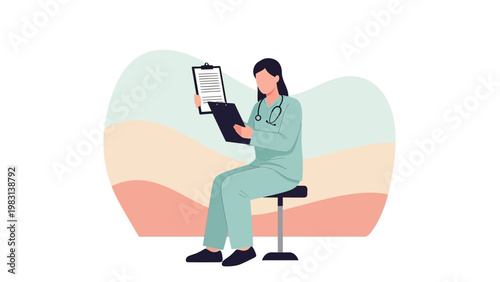Doctor sitting and reviewing medical documents on clipboard, flat illustration