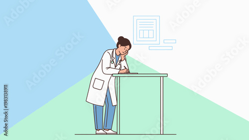 Doctor tired at desk, writing notes, medical chart in background