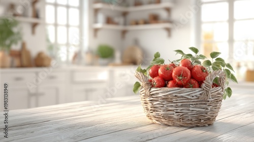 Fresh Red Tomatoes in a Woven Basket on a Kitchen Table