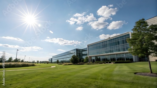 Contemporary corporate office architecture with sunshine reflecting on glass facade and lush green grass foreground