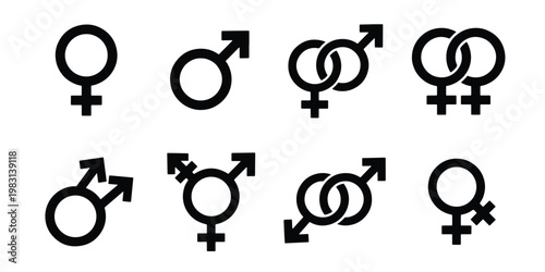 Gender symbols icon set, male and female identity signs, diverse sexual orientation and transgender vector elements, black minimalist gender icons