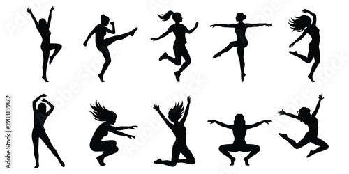 Active women dancing silhouettes, set of 10 female dancer vector elements, jumping and posing girls in motion, black athletic figures on white