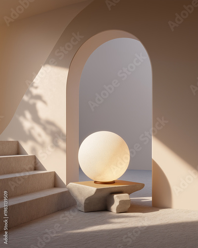 A spherical lamp with a textured surface sits on a unique, angular base in a room with a curved archway and stairs.