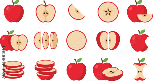 Red Apple Slice Vector Collection with Whole, Halved, Cross Section, Rings, Stacked Slices and Core Pieces for Fresh Food and Nutrition Design