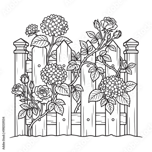 Flower fence coloring page for kids simple bold outline garden scene with roses easy fun activity