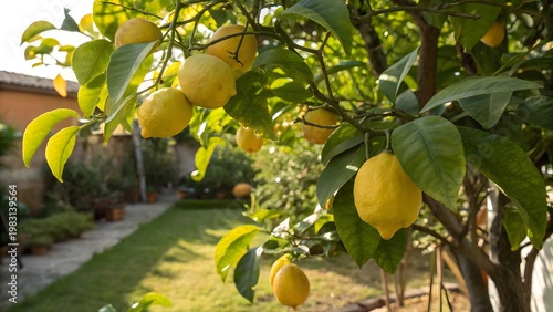Fresh ripe lemons growing on tree in lush green garden natural citrus orchard sunlight outdoor farming scene