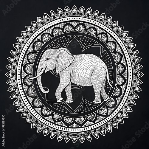 black-and-white pattern featuring an elephant inside a circle