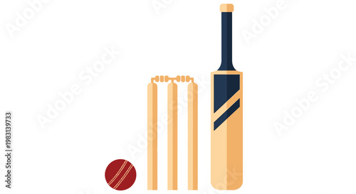 A colorful illustration depicting a cricket bat ball and wickets