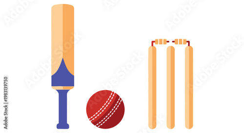 Cricket equipment illustration featuring a bat ball and wickets in a flat style