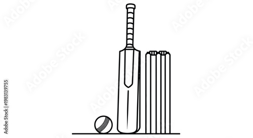 A simple black and white illustration of a cricket bat ball and wickets
