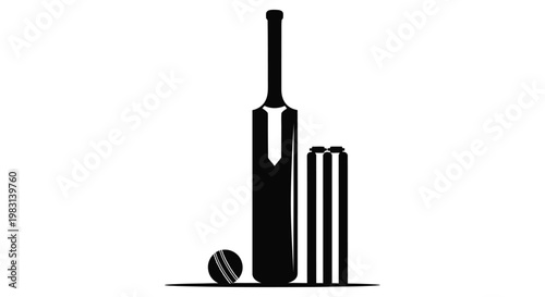 A black silhouette of a cricket bat ball and wickets against a white background