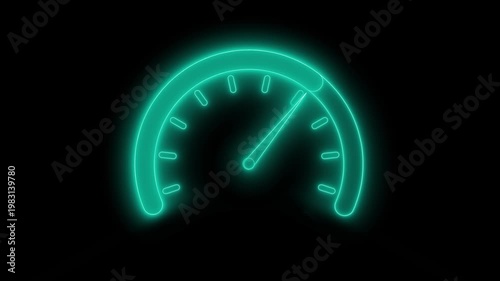 Neon speedometer icon animation with glowing effect on black background