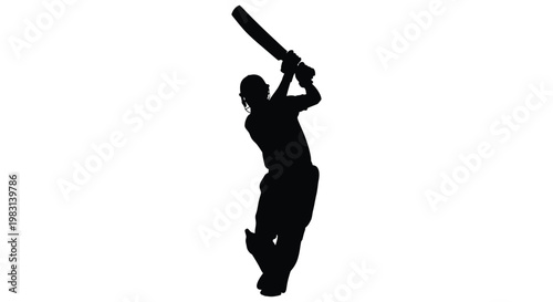 Silhouette of a cricket batsman in mid swing against a stark white background