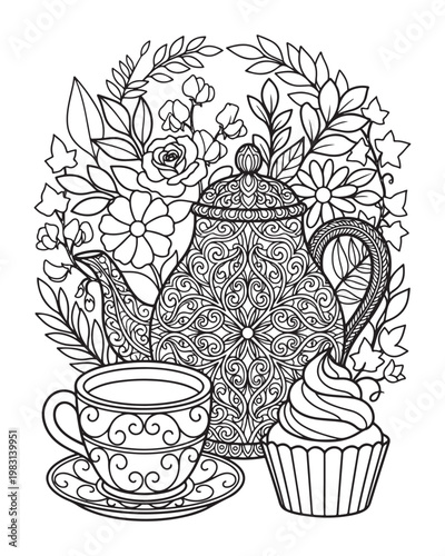 Intricate floral teapot teacup and cupcake coloring page detailed garden tea party line art design