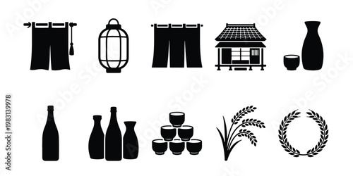 Japanese sake culture icon set, traditional izakaya restaurant symbols, 10 black vector silhouettes of rice wine bottles and lanterns