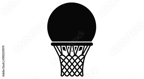 Simple black and white illustration of a basketball hovering above a hoop