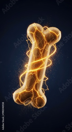 Glowing bone, electric bone, orange lightning, 3D illustration, abstract design element