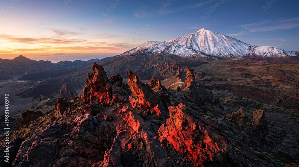 Naklejka premium Striking red glowing volcanic rock formation in the foreground points toward the majestic snow-capped peak of Mount Teide during sunrise.