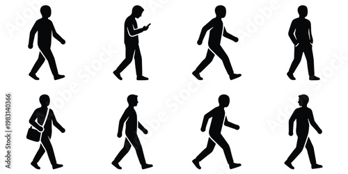 Walking man silhouette collection, set of 8 male pedestrian figures in motion, black side view people walking icons, urban commuter vector graphics