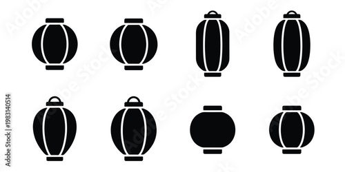 Japanese lantern icon set, traditional oriental paper lamp silhouettes, 8 black vector elements for lunar new year and asian festival design