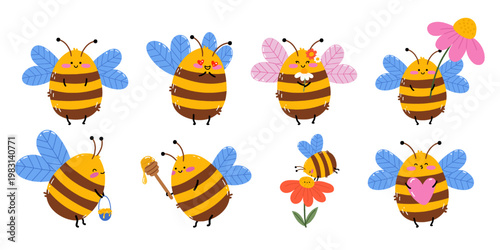 Cute honey bee clipart set with flowes. Hand drawn doodle illustration for spring and summer designs, print, kids room decor, stickers, baby shower, nursery poster, cover. Flat vector