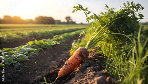 Fresh organic carrots growing in fertile farm field ready for harvest agriculture rural farming concept