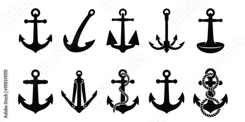 Nautical anchor silhouettes collection, set of 10 black ship anchor icons, maritime naval equipment vector symbols for marine branding and tattoo design