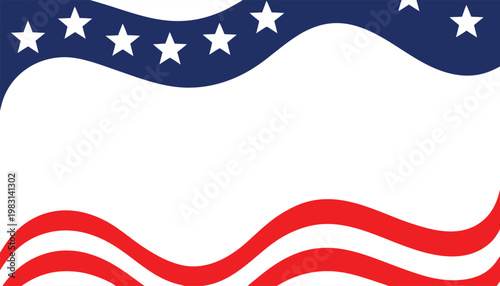 Abstract patriotic wave background with stars, red blue white minimal banner design