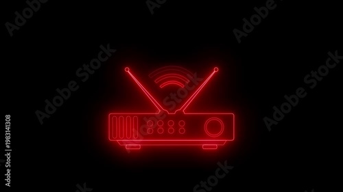 Neon outline of a vintage radio with antennas and Wi-Fi symbol animation on black background
