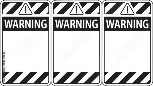Clean vector illustration of warning signage collection featuring bold typography and hazard icons arranged in simple horizontal layout