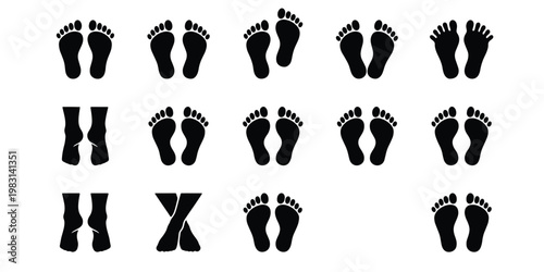 Human footprint silhouette icons, set of 14 black foot print vector elements, bare feet walking and standing positions for medical or forensic design