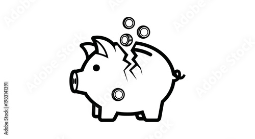 Broken piggy bank illustration with coins concept of financial loss