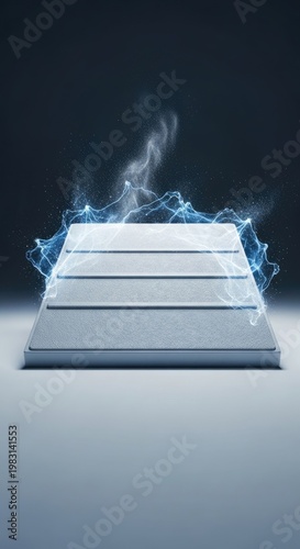 Futuristic platform glowing with energy and ethereal smoke