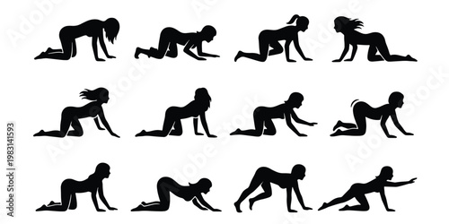 Black silhouette woman crawling on all fours, set of 12 female figures in creeping and prowling poses, vector illustration of lady on hands and knees