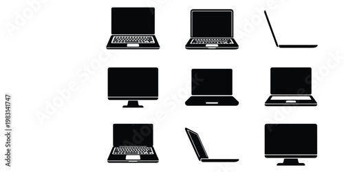 Minimalist laptop icon set, black computer silhouettes in various angles, 9 vector electronic device symbols for web design and UI