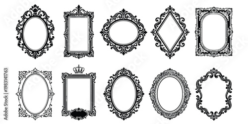 Vintage ornate picture frames, set of 10 black baroque mirror borders, antique victorian decorative frame vectors for wedding invitations and portraits