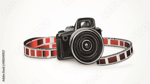 Vintage camera with film reel on a light background