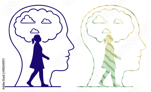 Woman's silhouette walking through thoughts and dreams within a stylized head outline