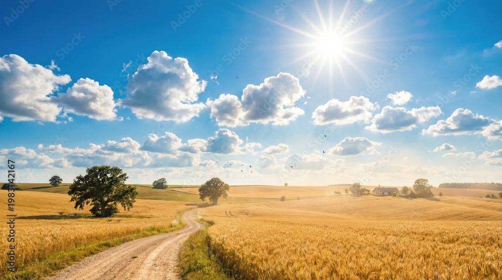 Fototapeta premium A dirt road runs through a golden wheat field with tall stalks of grain and green leaves