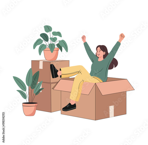 Happy woman sitting in a cardboard box surrounded by moving boxes and potted plants, vector illustration